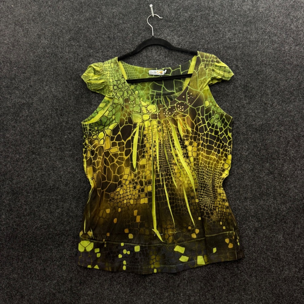 Unity World Wear Womens Green Snake Skin Print Studded Y2K Cap Sleeve Top L